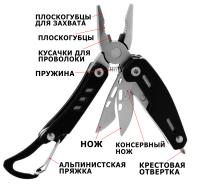 Мультиинструмент (с плоскогубцами), 9 предметов, 12см, на карабине,в чехле, черный