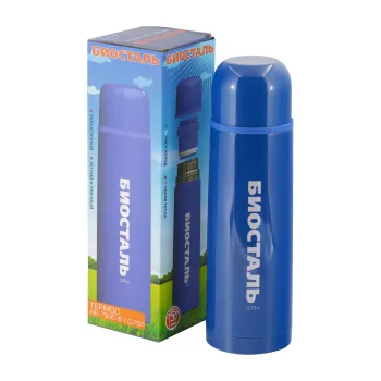 Термос "Биосталь" с узкой горловиной и пробкой с кнопкой, 0,75л, синий